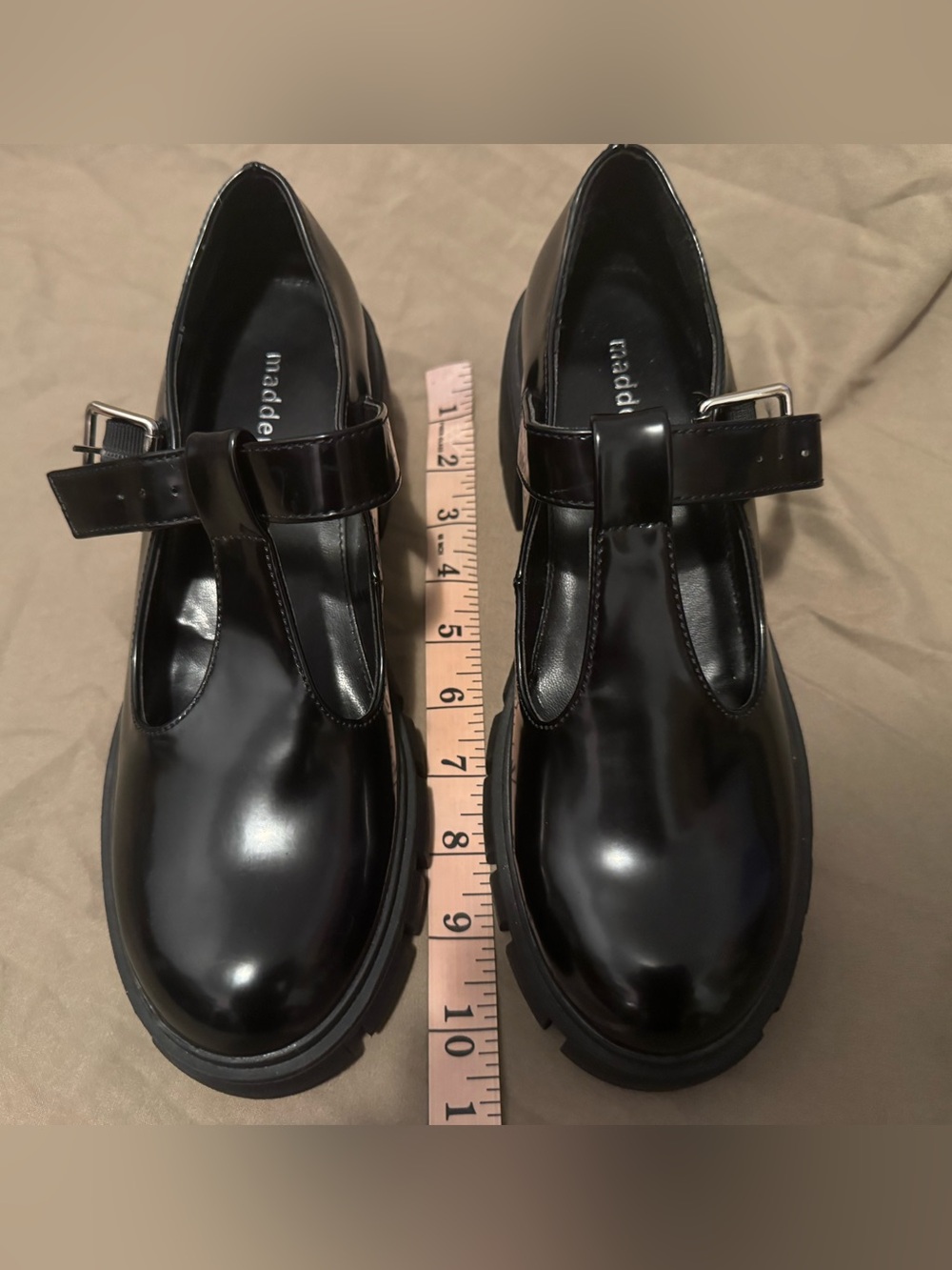 Madden Girl Black Patent T-Strap Chunky Sole Shoes